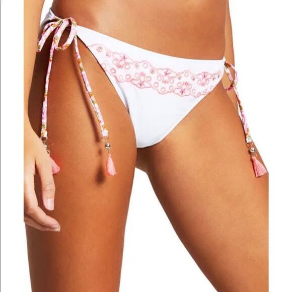 NEW RIVER ISLAND white bikini bottoms! Pink embroidery Side tie - Picture 3 of 6